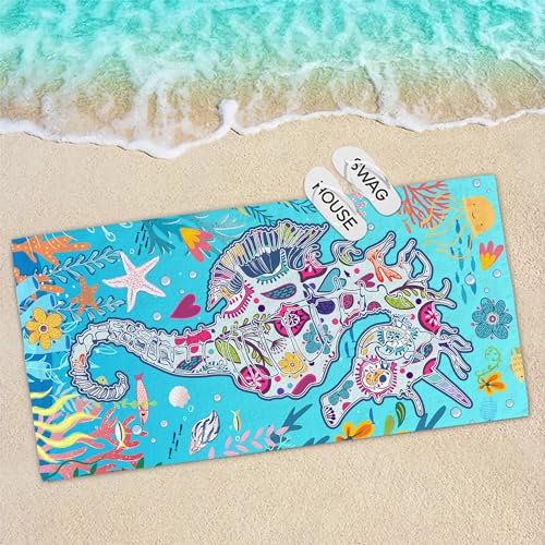 Bonsai Tree Seahorse Beach Towel, Blue Microfiber Bath Towel for Women, Sand Free Quick Dry Travel Towels Seahorse Gifts for Women Yoga Sports Adults 30" X 60" - color: Seahorse, size: 30"x60"