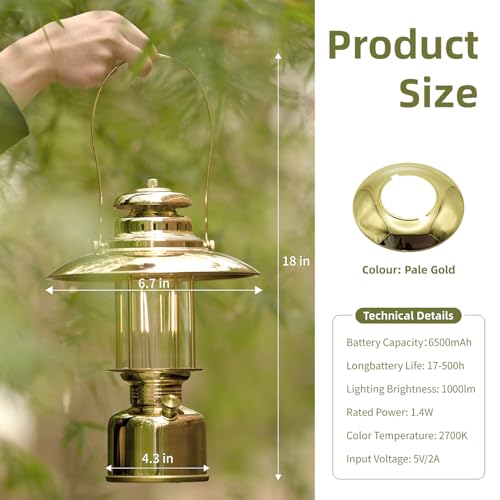 Large 18” Metal RetroLED Camping Lantern, 6500mAh Rechargeable Battery Last 17-500 Hours Camping Lamp, Classic Dimmable Hanging Lantern, Vintage Camping Light for Courtyard Outdoor Decoration - style: Large Retro Gold