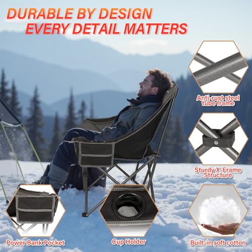 Heated Camping Chairs,Oversized Padded Heating Lawn Chair with Cup Holder,Wide&Thick,Heavy Duty Folding for Patio,Tailgates,and Sports,Battery NOT Included,Black - color: Black-heated
