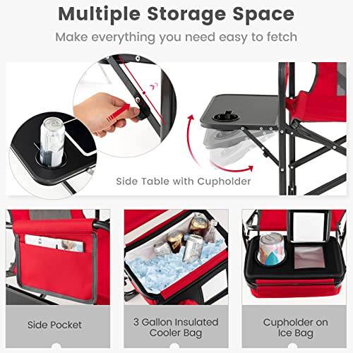 KOTEK Camping Directors Chair, Outdoor Folding Chair with Side Table, Cooler Bag & Storage Pocket, Supports 400 LBS, Portable Camp Chairs for Fishing, Picnic, Concert, Beach, Lawn, Patio (1, Red) - color: Red
