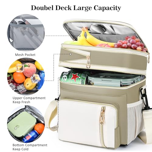 Lunch Box & Lunch Bag for Women Men, Large Insulated Adult Lunch Box Leakproof Lunchbox Cooler Bag for Work Picnic Beach,16L, Beige & White - color: Sand Beige