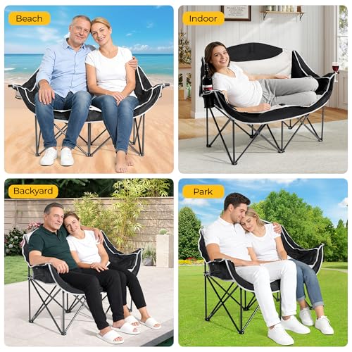 Double Camping Chair,Oversized Foldable Camping Chairs with Cup Holders Heavy Duty Loveseat Couch for Adults Suitable for Indoor Outdoor Beach Support 600 lbs（Black/White）
