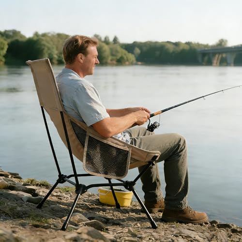 High Back Folding Camping Chair with Pillow, Lightweight Portable Chair for Adults, 2-in-1 Height Adjustment, Deep Recline, Side Pockets for Camping Motorcycle RV Backpacking - color: Khaki - High Back