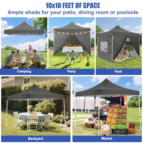 Yesker 10x10 Pop Up Canopy Tent with 4 Sidewalls Portable Folding Outdoor Canopy Easy Setup Gazebo Waterproof Instant Popup Shelter Tent w Wheeled Carry Bag sandbags for Events Parties Camping, Gray - size: 10x10FT Gray w Sidewalls