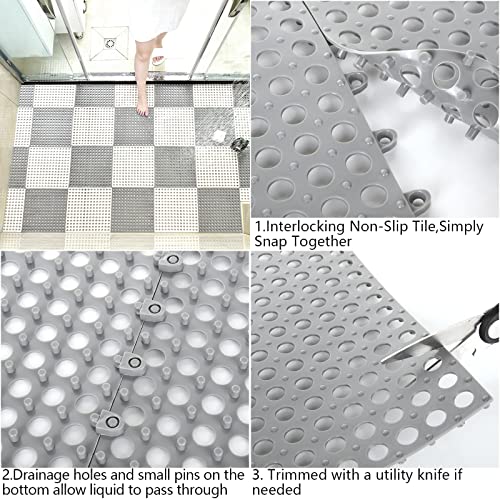 12 Pack 11.8" x 11.8" Interlocking Floor Tiles with Drain Holes Soft PVC Non Slip Shower Floor Mat Rubber Flooring Drainag Mat for Pool, Patio, Balcony, Kennel, Poultry, Dog, Grey&White - color: White+grey