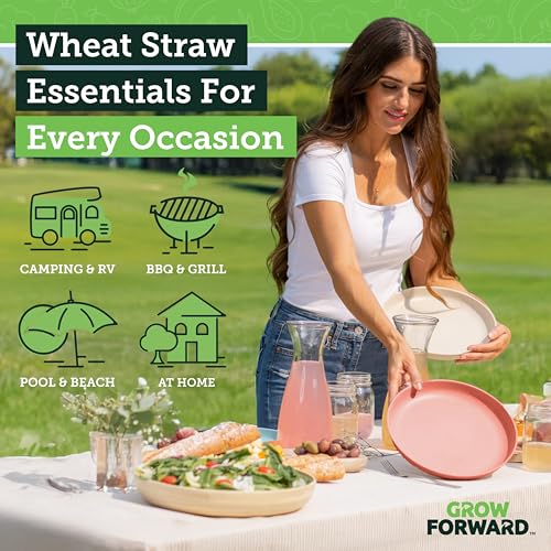 Grow Forward Premium Wheat Straw Plates and Bowls Sets - 8-Piece Wheat Straw Dinnerware Sets - Unbreakable & Reusable Microwave Safe Plastic Dinner Plates for Outdoors, RV, Camping Dishes - Tropical - color: Tropical