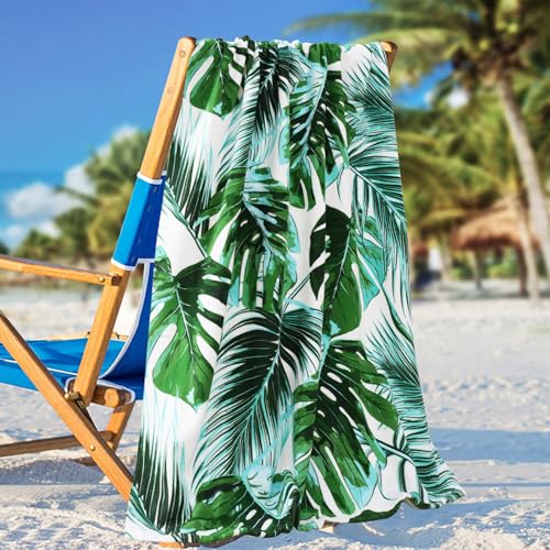 Genovega Oversized Terry Beach Towel 36 x 72 in Soft Extra Large Big Pool Swim Towels for Adult XL Clearance Big Travel Blanket Cruise Vacation Accessories Essentials Lounge Chair Cover Green Leaves - color: Green Leaves