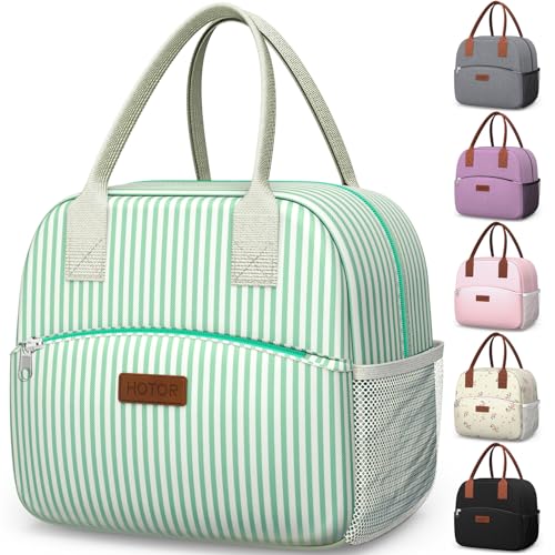 HOTOR Lunch Bag for Women & Men - Wear-Resistant Insulated Lunch Box with Large Capacity, Multi-Functional Cooler Bag for Office, Picnic, Green and White Stripes, 10L,10.60" x 5.90" x 9.50" - color: Green and White Stripes, size: 10L