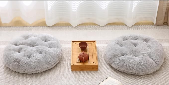Large Floor Pillow Meditation Cushion Round Floor Cushions for Adults,Luxury Faux Fur Thick Floor Pillows for Sitting Put in Living Room Balcony Outdoor Tatami（Grey） - color: Light Grey