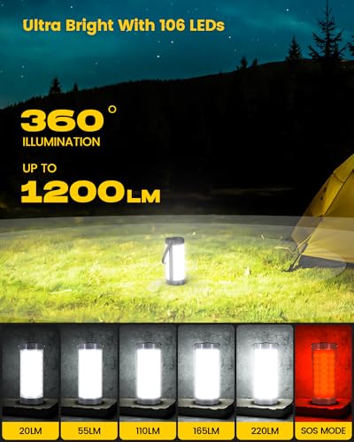 Glocusent 106 LED Camping Lights, Up to 80Hrs, 5000mAh Camping Lantern Rechargeable with 5 Brightness 3 Modes & SOS, IP68 Waterproof, Max 1200LM, Lanterns for Power Outages Hiking Emergency Hurricane - color: Gray