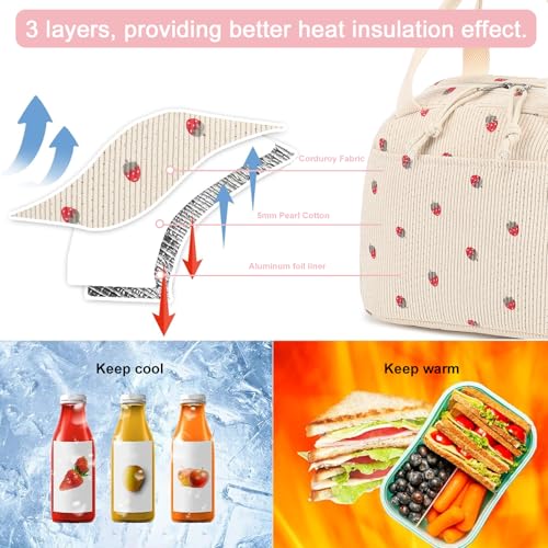 LEDAOU Lunch Box for Women Insulated Lunch Bag Corduroy Lunch Tote Bags Leakproof Cooler Lunchbox for Travel Work Picnic - color: Corduroy Beige-Strawberry