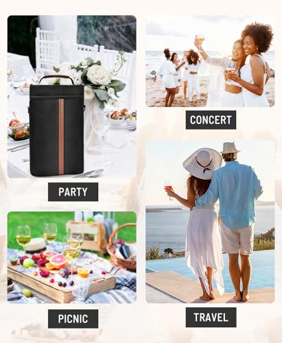 Insulated Wine Bag - Wine Bottle Carrier Tote Cooler Bags for Gifts Travel Picnic Beach, Black - 2 Bottle - color: Black, size: 2 Bottles