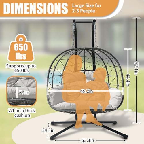 Double Egg Swing Chair with Stand - 2 Person Hammock Egg Chair for Outdoor, Patio, Garden & Balcony - Heavy-Duty Steel Frame, All-Weather Pe Rattan & Uv-Resistant Cushions (Grey) - color: Grey