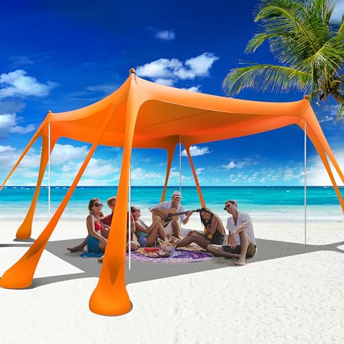 Beach Canopy Beach Tent Pop Up Shade 10x10ft Sun Shelter UPF50+ with 8 Sandbags-2 Sand Shovel-4 Aluminum Poles-Ground Pegs-Portable Carrying Bag for Outdoor Family Camping Fishing Yard Picnic - color: Orange