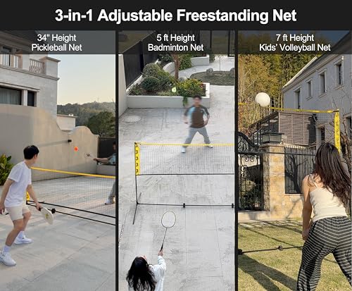 3-in-1 Portable Badminton, Volleyball & Pickleball Net Set for Adults, Adjustable Height 34"–7 ft for Backyards or Beach, Outdoor Sports Combo with Carry Bag, Rackets, Paddles & Balls - style: 17 ft wide Net