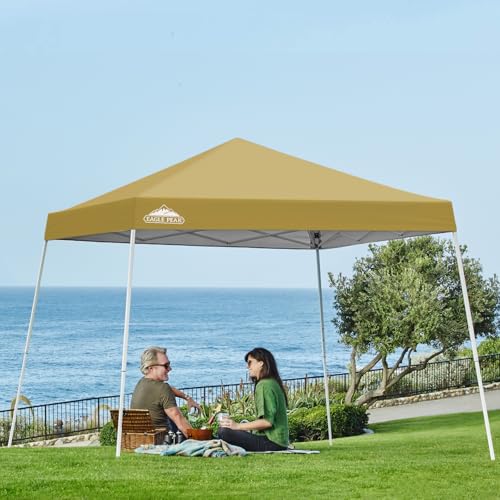 EAGLE PEAK 10x10 Slant Leg Pop-up Canopy Tent Easy One Person Setup Instant Outdoor Beach Canopy Folding Portable Sports Shelter 10x10 Base 8x8 Top (Beige) - color: Beige, size: 10x10