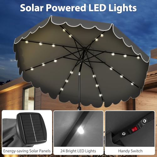 Tangkula 10FT Solar LED Patio Umbrella, 2-Tiers Scalloped Outdoor Table Market Umbrella with 24 LED Lights, Vented Top, Tilt Adjustment, Crank, 8 Ribs for Backyard Poolside Deck Beach Lawn (Gray) - color: Gray, size: 10Ft