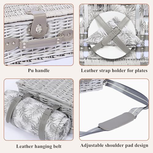 Picnic Basket for 2 with Blanket, Willow Picnic Basket Set with Shoulder Strap&Wine Pouch, Large Willow Hamper with Insulated Cooler for Outdoor, Camping, Beach, Couples, Wedding Gift - color: Gray Leaves