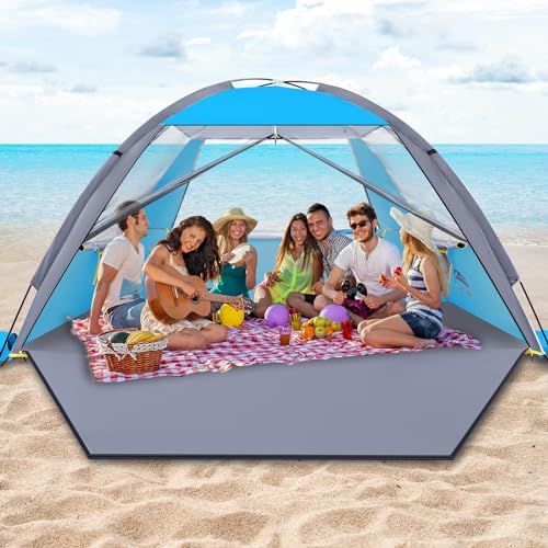 Happy Travel Beach Tent, UPF 50+ UV Protection Sun Shade Shelter for 3/4/5/6/7/8 Person, Portable Beach Canopy for Family & Baby, Lightweight & Easy Setup Beach Cabana with 3 Ventilation Mesh Windows - color: Sky Blue, size: 6 Person