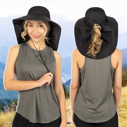 SUN CUBE Wide Brim Sun Hat with Neck Flap, UPF50+ Hiking Safari Fishing Hat for Men Women, Sun Protection Beach Hat - color: Black With Bow