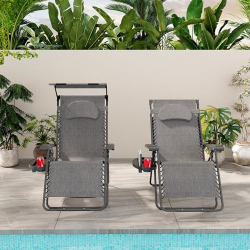 Goplus Zero Gravity Chairs, X-Large Folding Lounge Lawn Chair w/Canopy Shade & Cup Holder, Adjustable Folding Patio Recliner for Pool Porch Deck Oversize (Grey) - color: Grey Zero Gravity Chair
