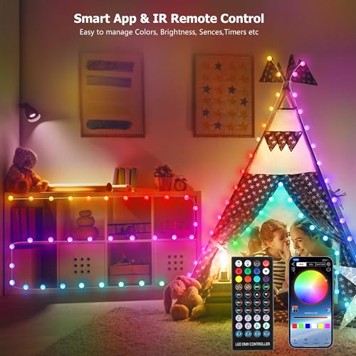 33ft Globe String Lights, 66 LED RGB Color Changing String Fairy Lights, Smart APP & IR Remote Control, 200+ Scene Modes for Bedroom Backdrop Indoor Outdoor Christmas Decorations - size: Globe - 33ft