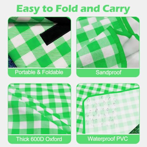 Large Picnic Outdoor Blanket, 40''x60'' Waterproof Sand Beach Mat, Foldable Blankets Gingham Picnic Mat for Beach Camping Grass Lawn Park Hiking Travel Accessories Family Concerts (Green White) - color: Green, size: 40''x60''