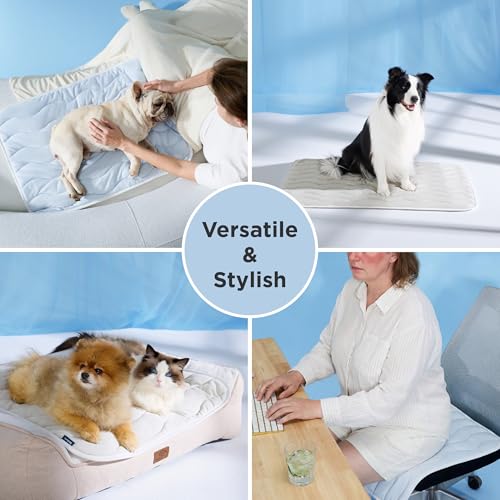 Bedsure Cooling Mat for Small Dogs - Q-Max>0.4 Thin Breathable Crate Pad Indoor for Puppy and Cat with Chill Cool Fiber and Non-Slip Bottom，Portable Washable Kennel Mat in Outdoor Summer, 24x18, Blue