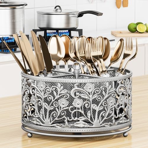 YIUKEA 360° Rotating Utensil Caddy - Silverware Cutlery Caddy Holder with 4 Compartment, Metal Flatware Organizer Countertop with Handle for Party Camping Picnic, Kitchen Counter, Office (Silver) - color: Silver