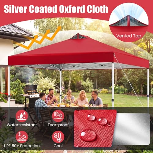 Tangkula 10 x10 Ft Pop Up Canopy with Center Lock, UPF 50+ One-Button Setup Outdoor Canopy Tent with Roller Bag, 4 Sand Bags, Heavy-Duty Steel Frame, 8 Stakes, 4 Ropes for Camping, Picnic (Red) - color: Red