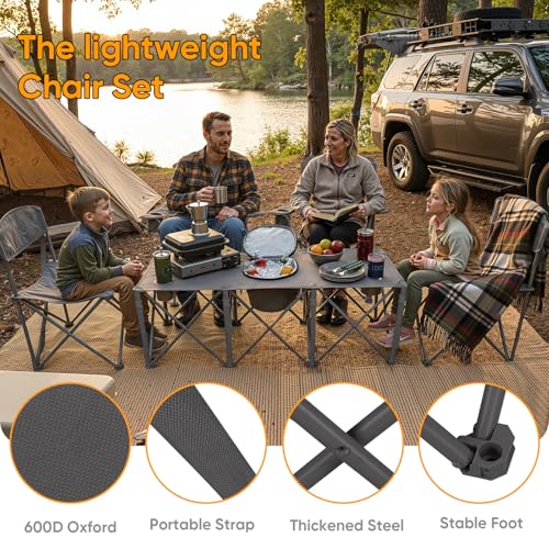 Colorsoul 5 Pcs Camping Chair Set w/Table, Outdoor Folding Chairs with Cooler Bag Cup Holder & Portable Table, Heavy Duty Oxford Fabric Lawn Chairs for Camping, Fishing, Picnic, Sporting Events, Grey - color: Grey