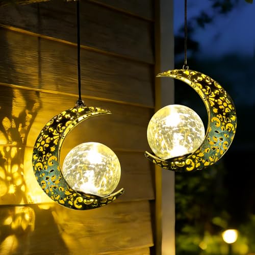 Hanging Solar Lights Outdoor Lanterns Garden Decorations, 2 Pack Moon Lights with Cracked Glass Globes Outside Decor for Backyard Balcony Patio Tree ,Unique Mother's Day Gifts for Women Mom
