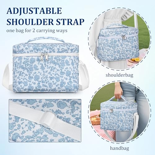 TESAFNG Insulated Lunch Bag for Women, Cute Corduroy Reusable Lunch Box for Adult, Leakproof Cooler Bag for Work Office Travel Picnic, Lunch Tote Bag with Adjustable Shoulder Strap (Blue Flower) - color: Blue Flower