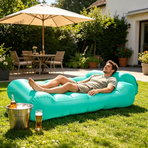 Inflatable Air Sofa, Portable Inflatable Lounger with Headrest, Waterproof & Tear-Resistant Nylon Air Couch, Suitable for Beach, Camping, Picnic, Backyard, No Pump Required, Easy to Inflate & Carry