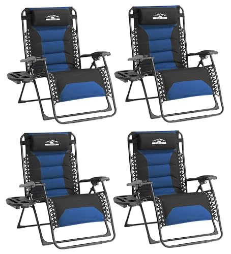 Zero Gravity Lounge Chairs - Set of 4 Oversized Reclining Patio Chairs with Adjustable Pillow & Cup Holder (500lbs Capacity, Black/Blue) - color: Black & Blue, size: X-Large/4 PCS