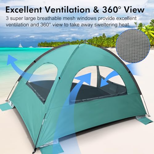 WhiteFang Beach Tent Anti-UV Portable Sun Shade Shelter for 3/4/6/8 Person, Extendable Floor with 3 Ventilating Mesh Windows Plus Carrying Bag, Stakes and Guy Lines - color: Beach Glass, size: 3 Person