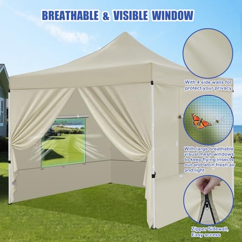 Yesker 10x10 Pop Up Canopy Tent with 4 Sidewalls Portable Folding Outdoor Canopy Easy Setup Gazebo Waterproof Instant Shelter Tent w Wheel Carry Bag sandbag for Events Parties Camping, Khaki Brown - size: 10x10ft Khaki Brown W Sidewalls