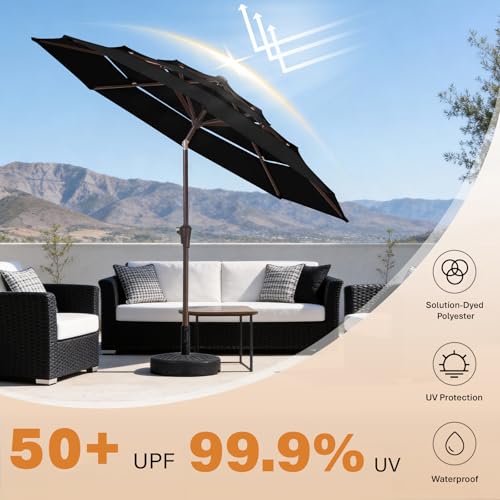 JEAREY 9FT 3 Tier Patio Umbrella Outdoor Market Umbrella Table Umbrellas with 8 Ribs 1.5 Pole Push Button Tilt and Crank UV Protection for Garden,Black - color: Black