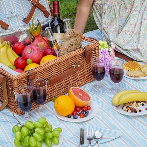 Picnic Basket Set for 4 Persons - Picnic Baskets with Large Insulated Cooler Compartment, Adjustable Shoulder Strap, Willow Hamper and Waterproof Blanket Set with Cutlery Service Kit - color: Light Tan for 4 Persons With Strap