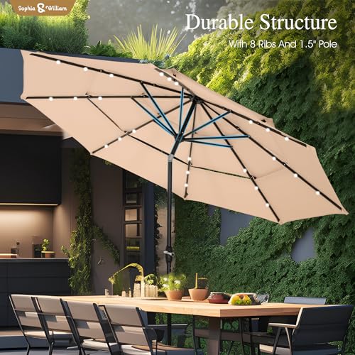 Sophia & William 10ft Patio Umbrellas 3-Tier Umbrella Outdoor Patio Umbrellas with Lights Vented Top 24 LED lights Adjustable Tilt for Pool Garden Backyard, Beige - color: Beige