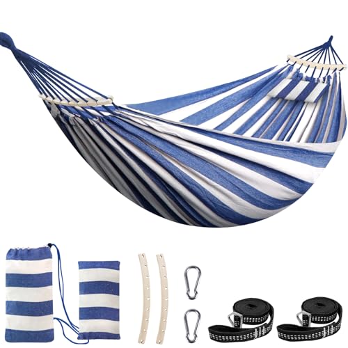 Chihee Cotton Hammock Holds Up to 660lbs Fabric Hammock 8.9x4.9ft Soft Portable Tree Hammocks Camping with Detachable Spreader Bar Pillow 2 Strong Webbings 2 Carabiners Indoor Outdoor Backyard Garden - color: Blue/White Stripes, size: 270x150cm