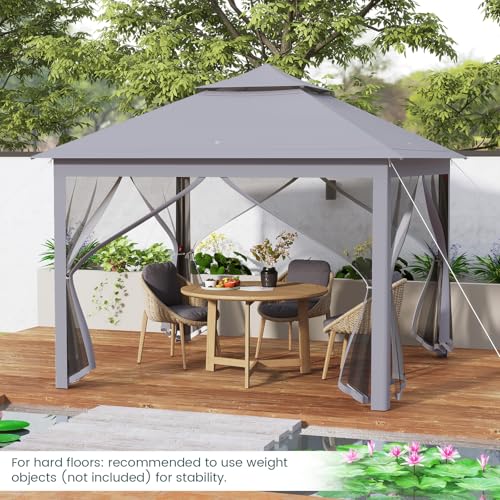 Goplus11 ft × 11 ft Pop up Gazebo, Portable Screen Canopy Shelter w/Mesh Netting Sidewalls, Vented Top, Drainage Holes, Heavy-Duty Height Adjustable Easy Setup Party Tent for Backyard - color: Gray