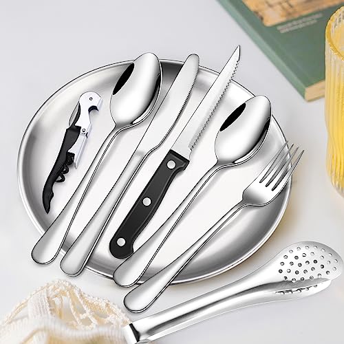 Camping Silverware Kit Cutlery Organizer Utensil Picnic Set Stainless Steel Plate Spoon Clip and Serrated Knife Wine Opener Fork Napkin Hiking - Camp Kitchen BBQ’s - color: Camping Silverware Set-24set