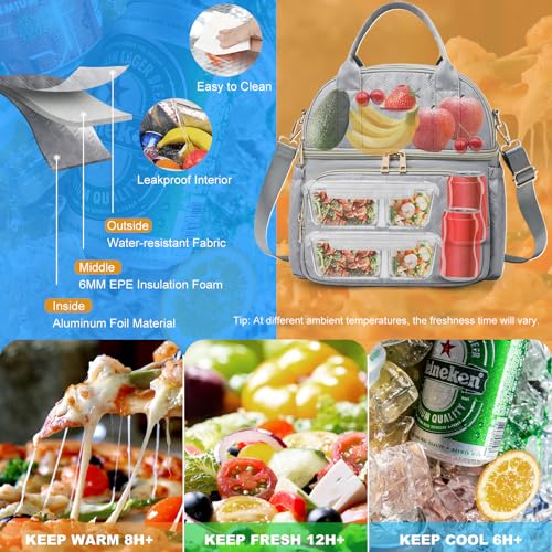 AIJIEKE Large Insulated Lunch Bag for Women, Double Compartment Leakproof Lunch Box for Work Office, Reusable Cooler Tote with Adjustable Strap & Side Pockets for Adults Picnic Beach, Grey - color: Gray