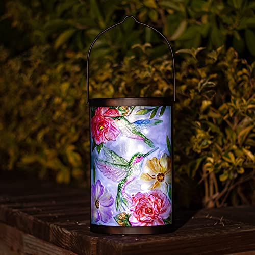 Hanging Solar Lantern Outdoor Waterproof LED Hummingbird Solar Lights Outdoor Decorative Solar Lanterns Tabletop Lamp for Patio Garden Yard Decor - style: Hummingbirds-Flowers