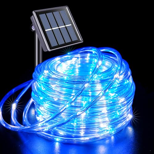 JMEXSUSS 200 LED Solar Rope Lights for Christmas Decor, 72ft IP 65 Outdoor Waterproof Christmas Rope Lights with 8 Modes, Blue and White Solar Christmas Lights for Fence Yard Walkway Christmas - color: Blue and White, size: 200 LED