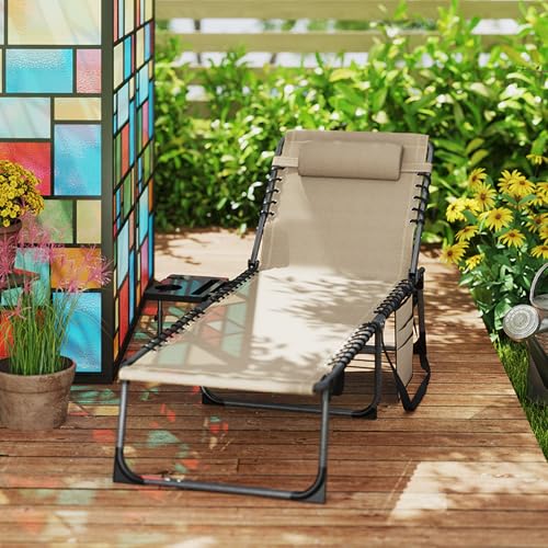 Outsunny Folding Chaise Lounge Chair Outdoor Tanning Chair with Side Table, 5-Level Adjustable Beach Lounge Chair with Headrest, Side Pocket for Patio, Backyard, Beach, Poolside, Beige - color: Beige
