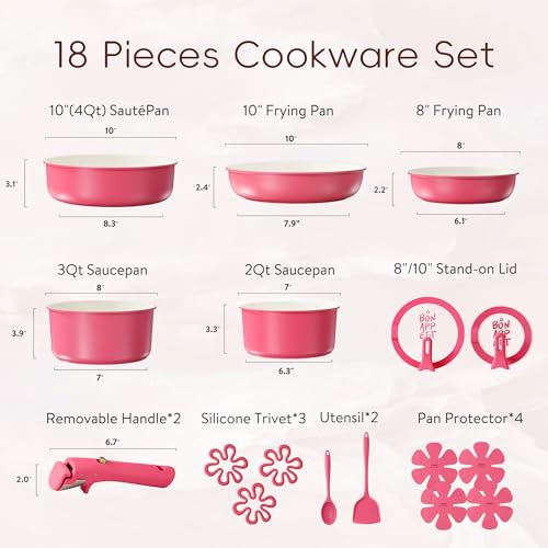CAROTE 18Pcs Ceramic Cookware Set with Detachable Handle, Pots and Pans Set Non Stick, Non Toxic Kitchen Cooking Sets with Stand-Up Lid, PFAS and PFOA Free, Oven Safe, Induction Ready, Pink - color: Pink