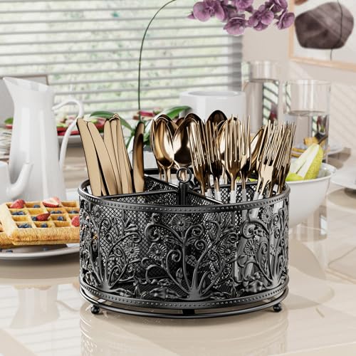 YIUKEA 360° Rotating Utensil Caddy - Silverware Cutlery Caddy Holder with 4 Compartment, Metal Flatware Organizer Countertop with Handle for Party Camping Picnic, Kitchen Counter, Office (Black) - color: Black