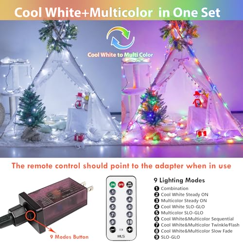 75.8 FT 200 LED Color Changing Christmas String Lights with Remote & Timer & Memory Function, 9 Lighting Modes Waterproof Twinkle Lights for Xmas Tree Holiday Party Garden (Cool White & Multicolor) - color: Cool White & Multicolor, size: 200LED